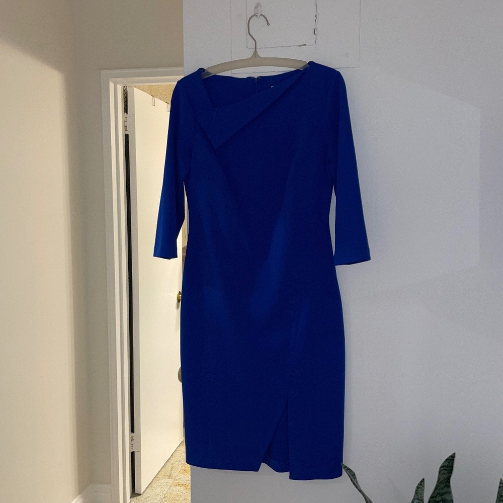 Calvin Klein Royal Blue Sheath Dress- Asymmetrical Design- 6 Petite